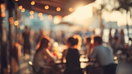 a group of people, defocused, at a summer outdoor restaurant and bar, sunny warm lights and soft bokeh, during golden hour