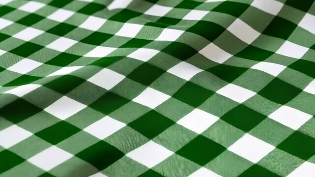 Green and white gingham fabric with wrinkle texture forming a checkered pattern for kitchen linen or picnic blanket abstract background
