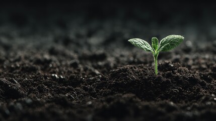 business + entrepreneur + growth concept. A small green plant emerges from dark soil, symbolizing growth and renewal.