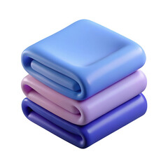 Stack of three folded towels in pastel blue and purple isolated on transparent background