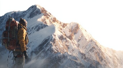 Fototapeta premium Mountain climber with backpack viewing snow-covered peaks, cut out