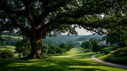 Obraz premium Oak Tree on Golf Course Landscape