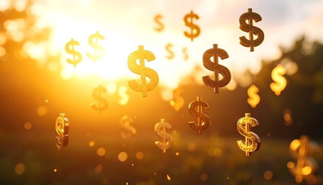 Golden dollar signs falling at sunset