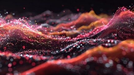 Abstract visualization of data streams and dynamic market trends, showing fluctuating data points and patterns.