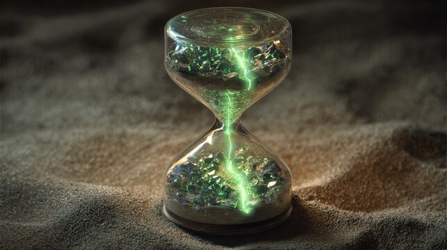 Sand leaves glowing trails in phosphorescent hourglass. Waist controls fade duration. Chamber accumulates light memories.