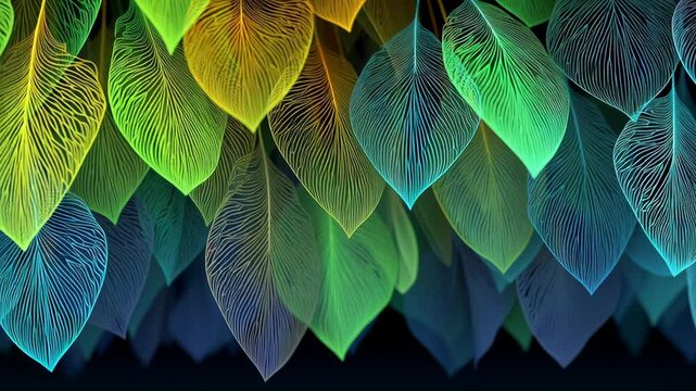 Colorful abstract illustration of layered leaves with intricate patterns, showcasing vibrant hues of green, blue, and yellow, creating a visually striking and dynamic natural design concept