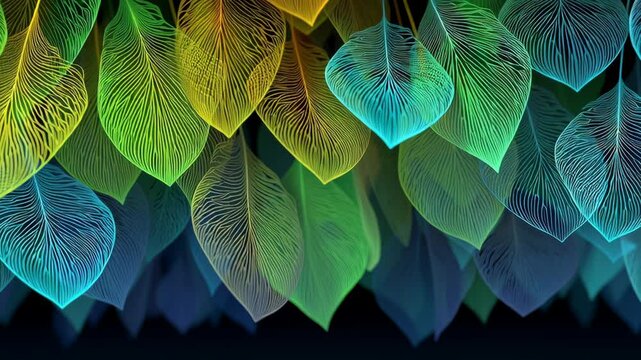 Colorful abstract illustration of layered leaves with intricate patterns, showcasing vibrant hues of green, blue, yellow, and orange, creating a visually striking and dynamic natural design concept