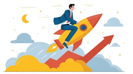 Businessman Riding Growth Arrow Like Rocket Vector

