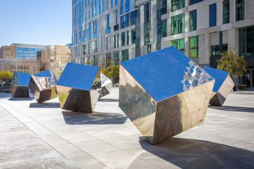 Reflective Cube Sculpture in Urban Plaza.