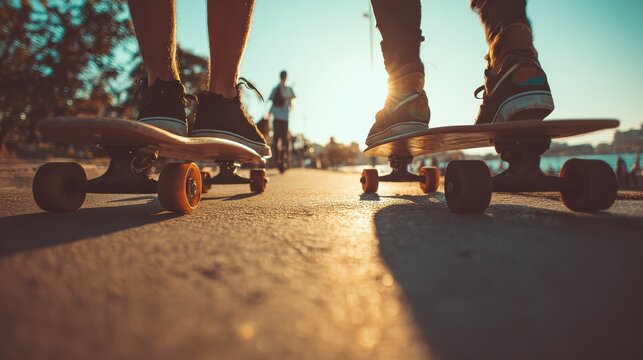 Two skaters friends training outdoor in city park at sunset - Young people skateboarding with longboard in urban contest - Extreme sport concept - Focus on right man legs feet - Vintage vsco filter,