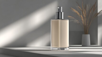 Glass Bottle with Beige Liquid on a White Surface