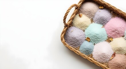 Softly textured pastel moon sand balls neatly arranged in a woven basket, symbolizing gentle DIY kids play and minimalist home decor