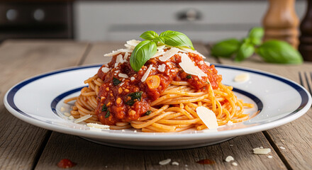 A plate of spaghetti in a italian restaurant.