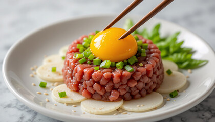 A plate of steak tartare with a fresh yolk on top