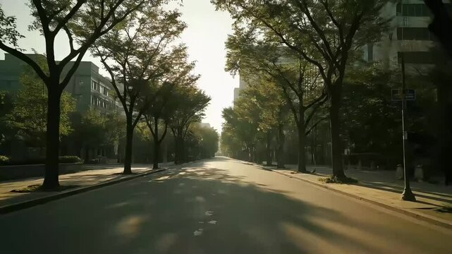 Tree-Lined City Street in the Morning with Clean Pavement and No People