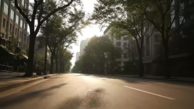 Tree-Lined City Street in the Morning with Clean Pavement and No People