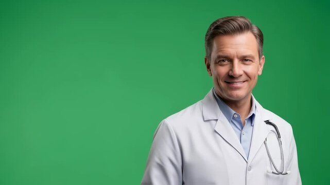 Caucasian male doctor smiling at camera on green screen background. Medical professional with clipboard. Healthcare concept for video production.