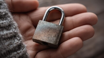Plakat Closeup of hand holding padlock, symbolizing security, privacy, and data protection in digital world