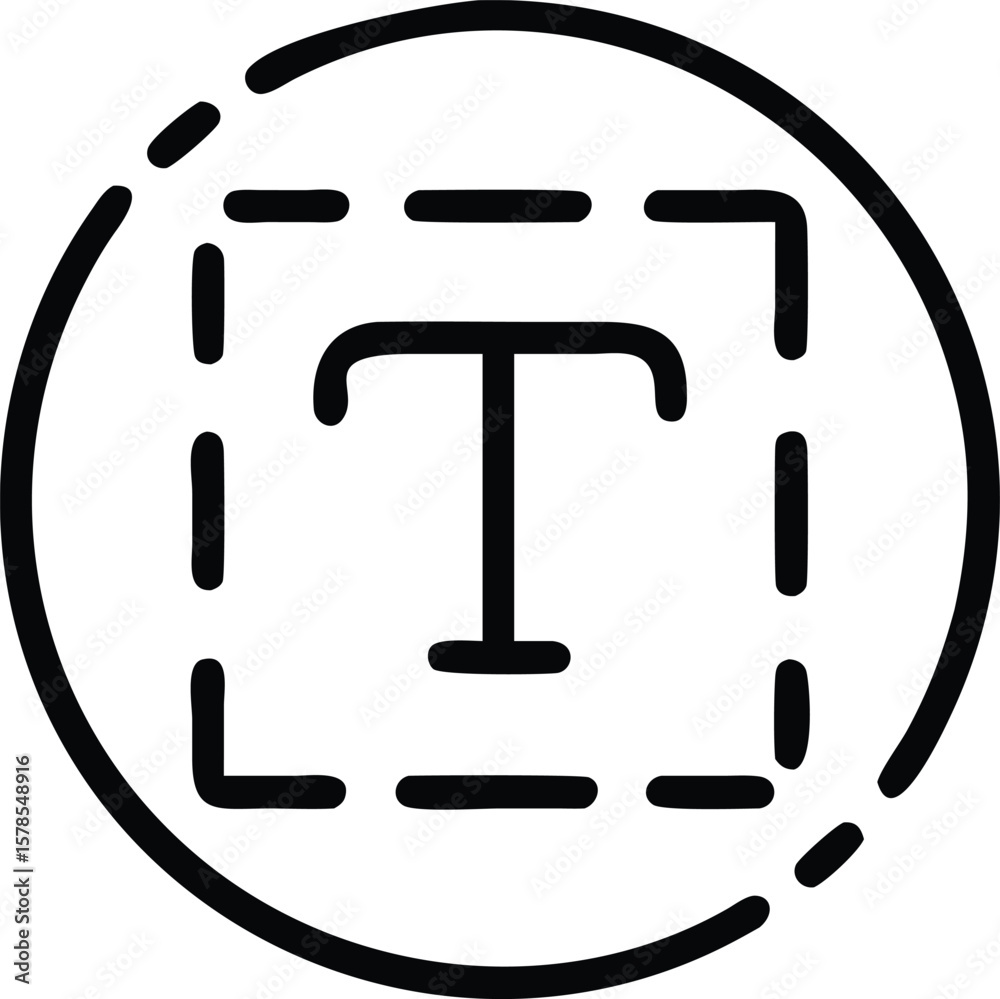 Poster vector art of a text icon with a dashed box around the letter t in a round circle