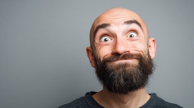 expression and people concept - smiling man with funny face over gray background (cartoon style character with big head), no logos, no brands