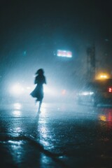 Woman Running in Heavy Rain.