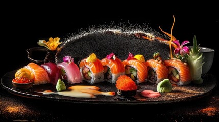 Colorful sushi platter with artful presentation