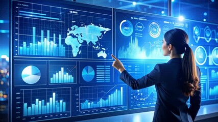 Professional businesswoman analyzing data on interactive screens in modern office - Powered by Adobe