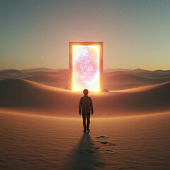 Solitary figure facing a glowing portal in a vast desert landscape at twilight.