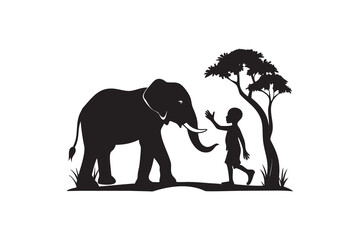 Obraz premium Silhouette of a Child Reaching Out to an Elephant Under a Tree Depicting Friendship and Connection in a Minimalist Black and White Design