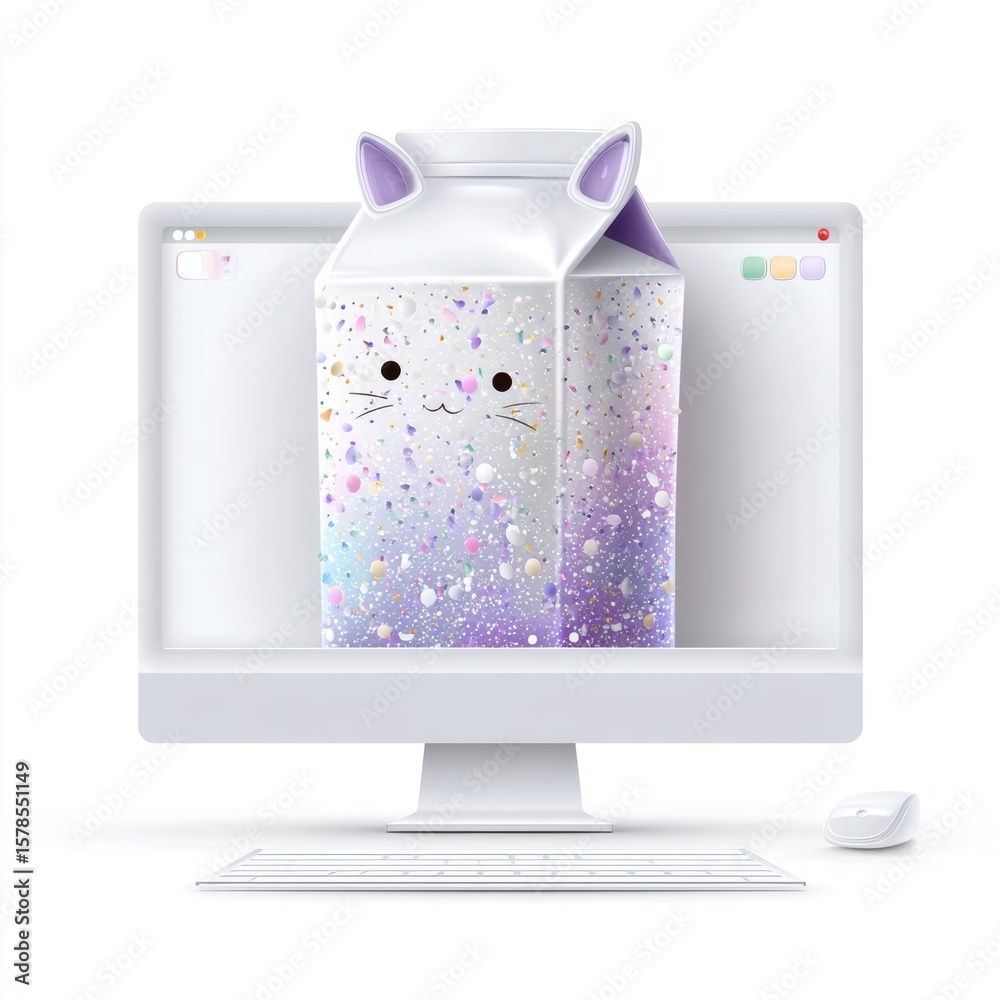 Fototapete a whimsical milk carton with cat ears and a cute face appears on a sleek computer screen, blending d