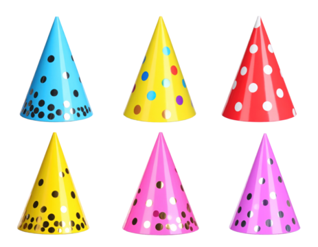 Collection Of Six Colorful Party Hats With Polka Dot Patterns Arranged Against A Transparent Background In Various Bright Colors - Powered by Adobe