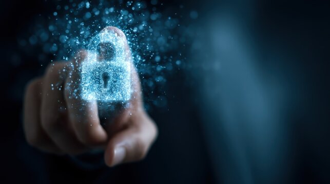 Male hand pointing at abstract glowing blue padlock hologram on blurry background. Internet, information, technology and security concept. Double exposure, no logos, no brands