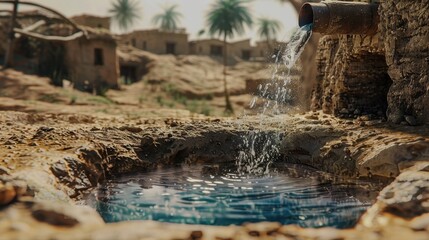 Obraz premium well overflowing into a barren village renewal symbol