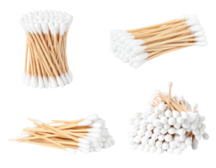 Assorted Arrangement Of Cotton Buds Isolated On Transparent Background With Wooden Sticks And White Cotton Tips
