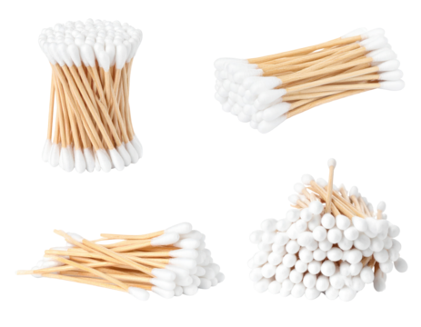 Assorted Arrangement Of Cotton Buds Isolated On Transparent Background With Wooden Sticks And White Cotton Tips