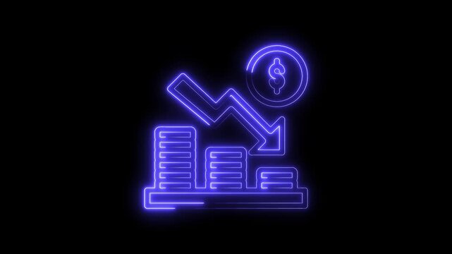 Animated neon style decreasing money coin graph with downward arrow finance concept