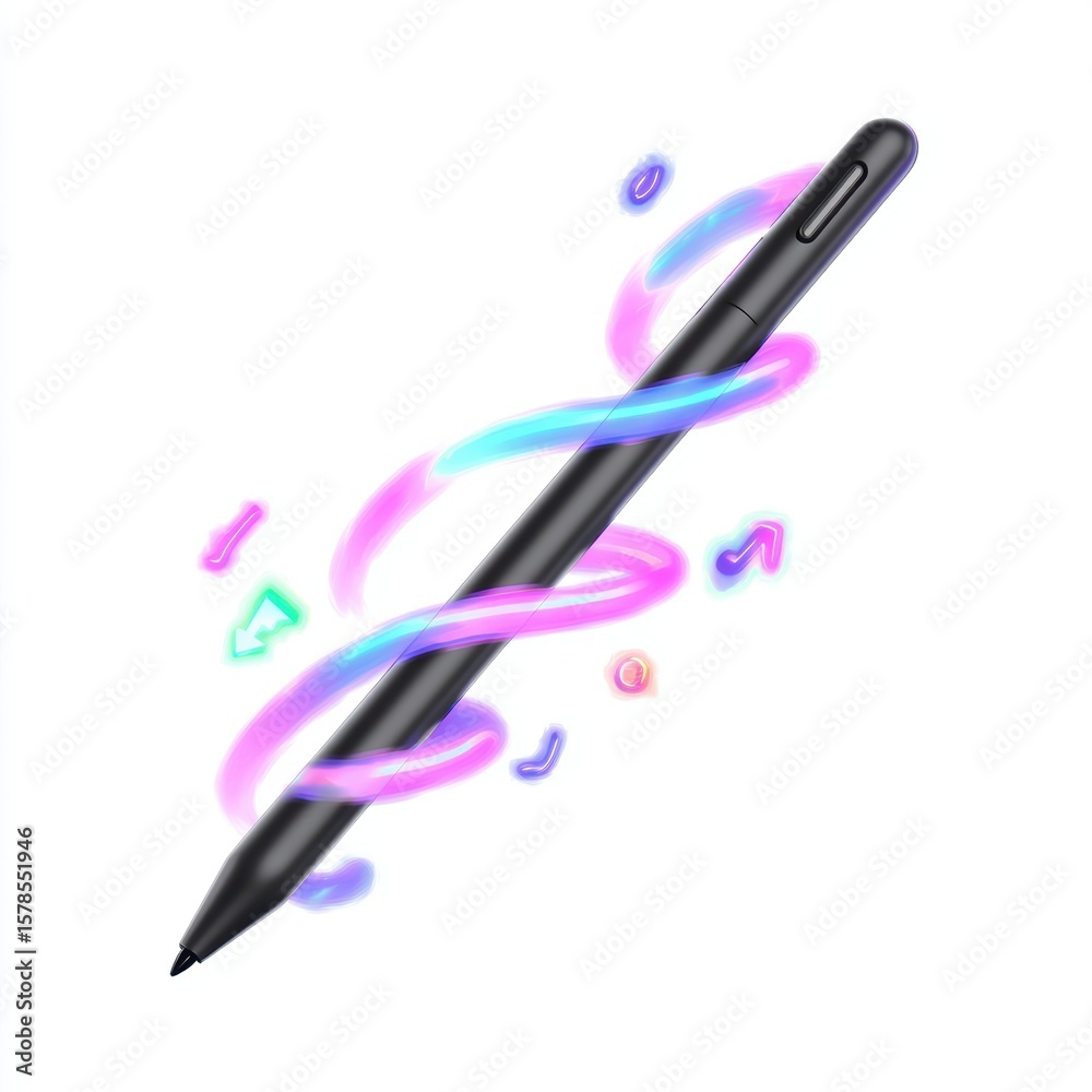 Fototapete A sleek digital stylus with colorful neon swirls and symbols floating around, symbolizing creative digital art and design, AI computer devices on white background