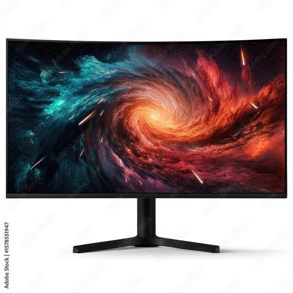 Fototapete A sleek curved monitor displays a vibrant cosmic swirl of blue and red galaxy-like patterns with shooting stars and intense colors, AI computer devices on white background