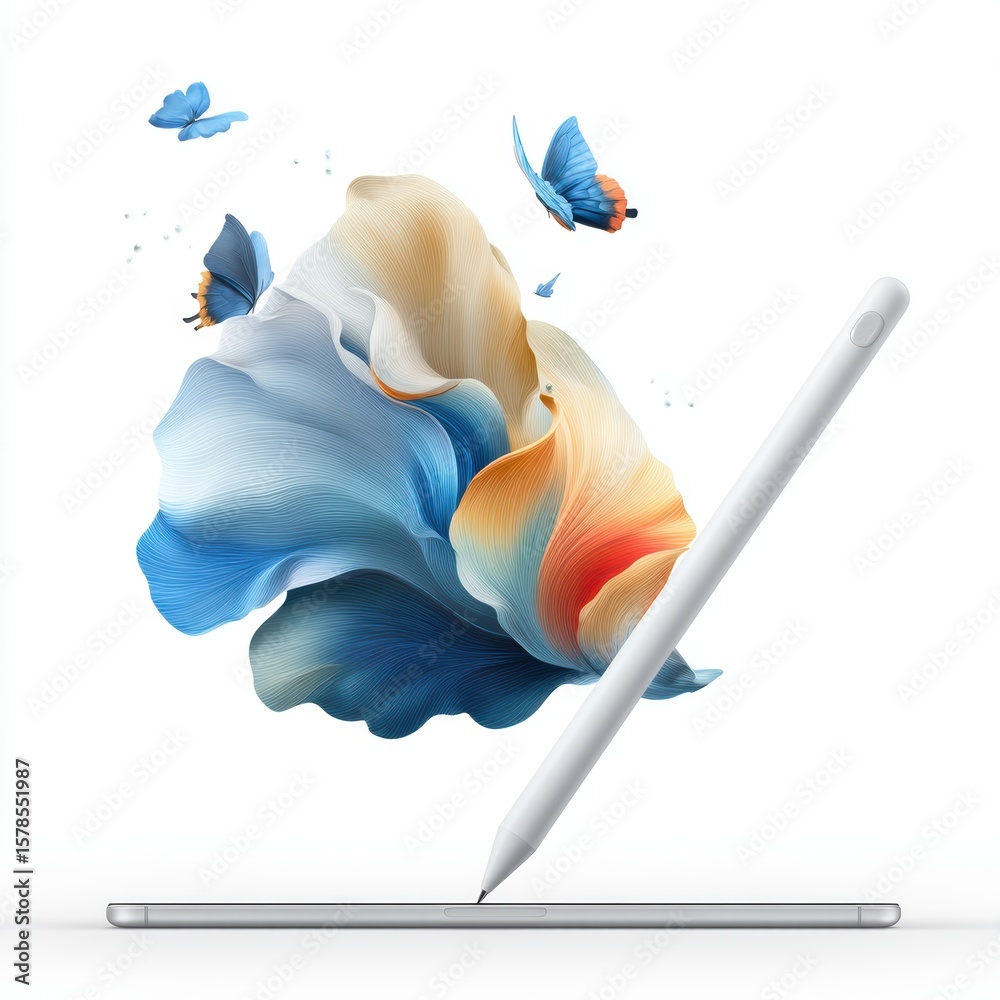 Fototapete a digital stylus drawing vibrant, flowing abstract shapes with butterflies emerging, blending techno