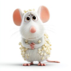 A sad, wide-eyed white mouse covered in popcorn pieces stands with clasped hands on a white background, AI computer devices on white background