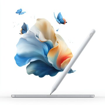 A digital stylus drawing vibrant, flowing abstract shapes with butterflies emerging, blending technology and creativity in a minimalistic design, AI computer devices on white background
