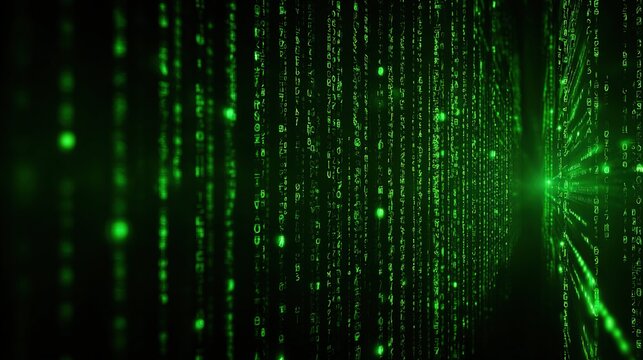 Digital green code streams converging on a central point