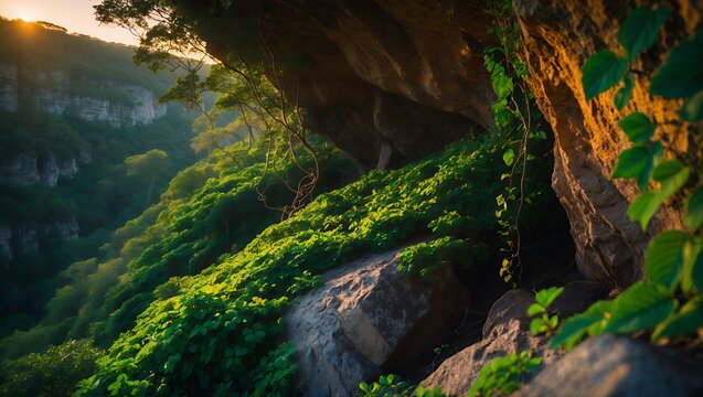Cliffside covered with green vegetation and sunlight
