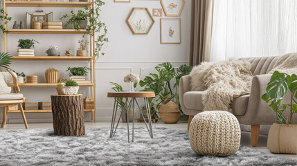 Nordic modern interior living space consisting sofa, plants, bookshelf furnishings minimalist aesthetic bright natural room lighting