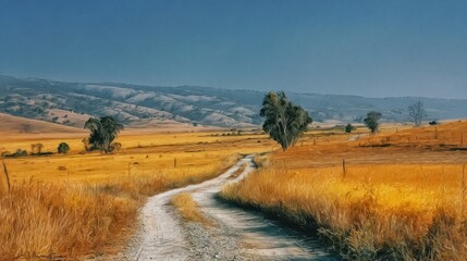 rural landscape in pastel colors. A gravel road winds through a golden field, leading to lonely trees on the horizon. In the distance you can see the blurred contours of the hills,