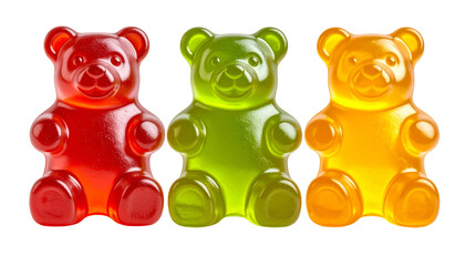 Three gummy bears in different colors with glossy, translucent textures and soft candy 