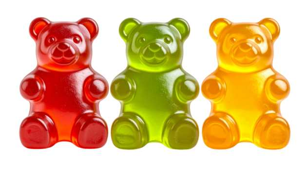 Three gummy bears in different colors with glossy, translucent textures and soft candy 