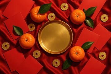 A festive Lunar New Year flat lay with red hongbao envelopes 