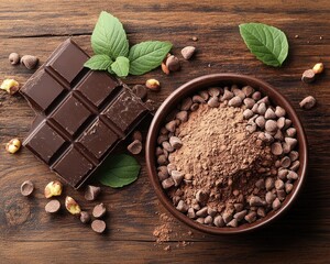Dark chocolate bar, cocoa powder, and chips sit on a wooden surface. Perfect for culinary blog posts and sweet dessert recipes.