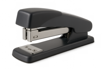 Gray office stapler sitting on transparent surface, supporting workplace productivity and document management with clean, minimalist design